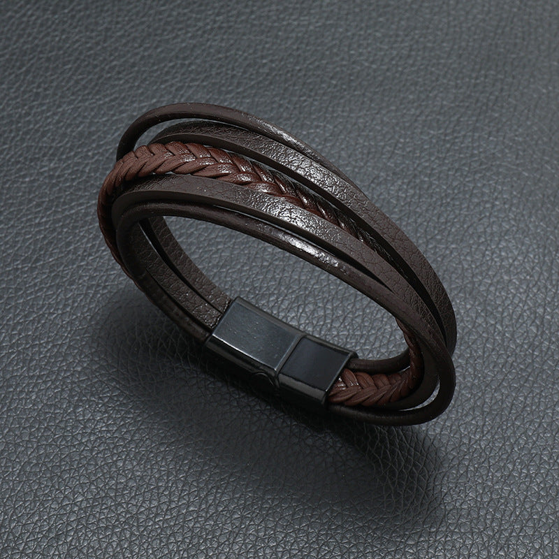 Multi Layer Leather Rope Bracelet with Magnetic Closure