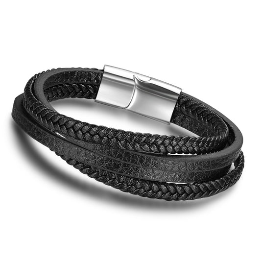Stainless Steel Triple Layer Braided Leather Bracelet