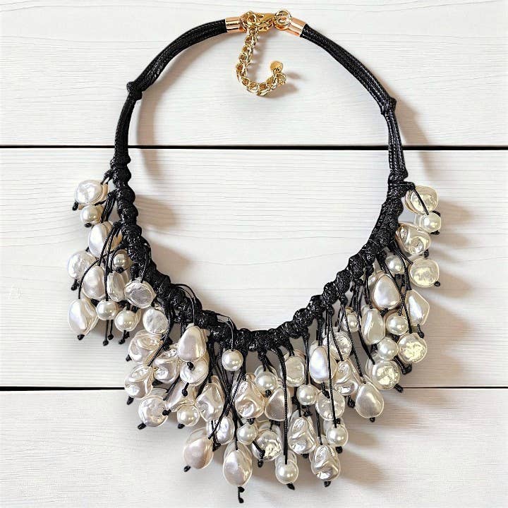 Handmade Coastal Pearl Bib Necklace with Leather Cord