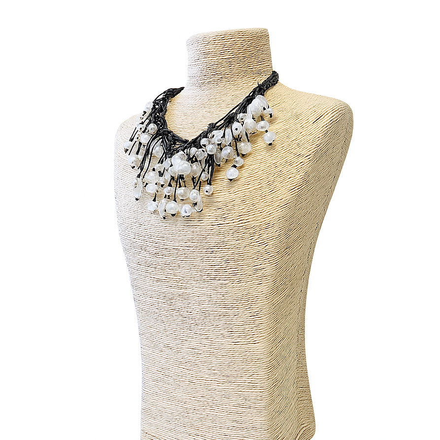 Handmade Coastal Pearl Bib Necklace with Leather Cord