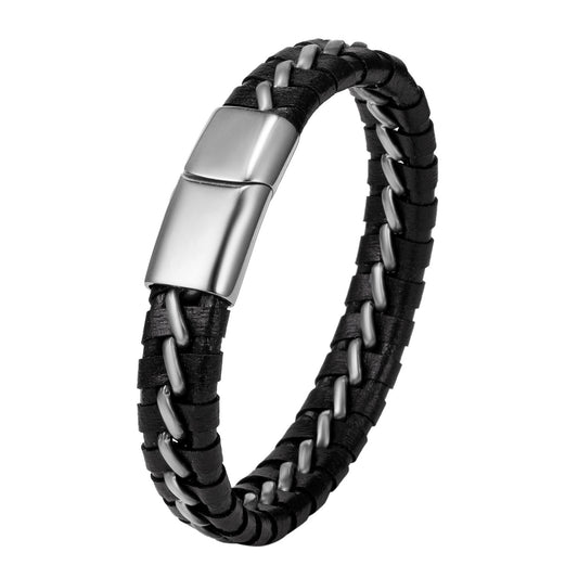 Woven Leather Bracelet with Stainless Steel Closure