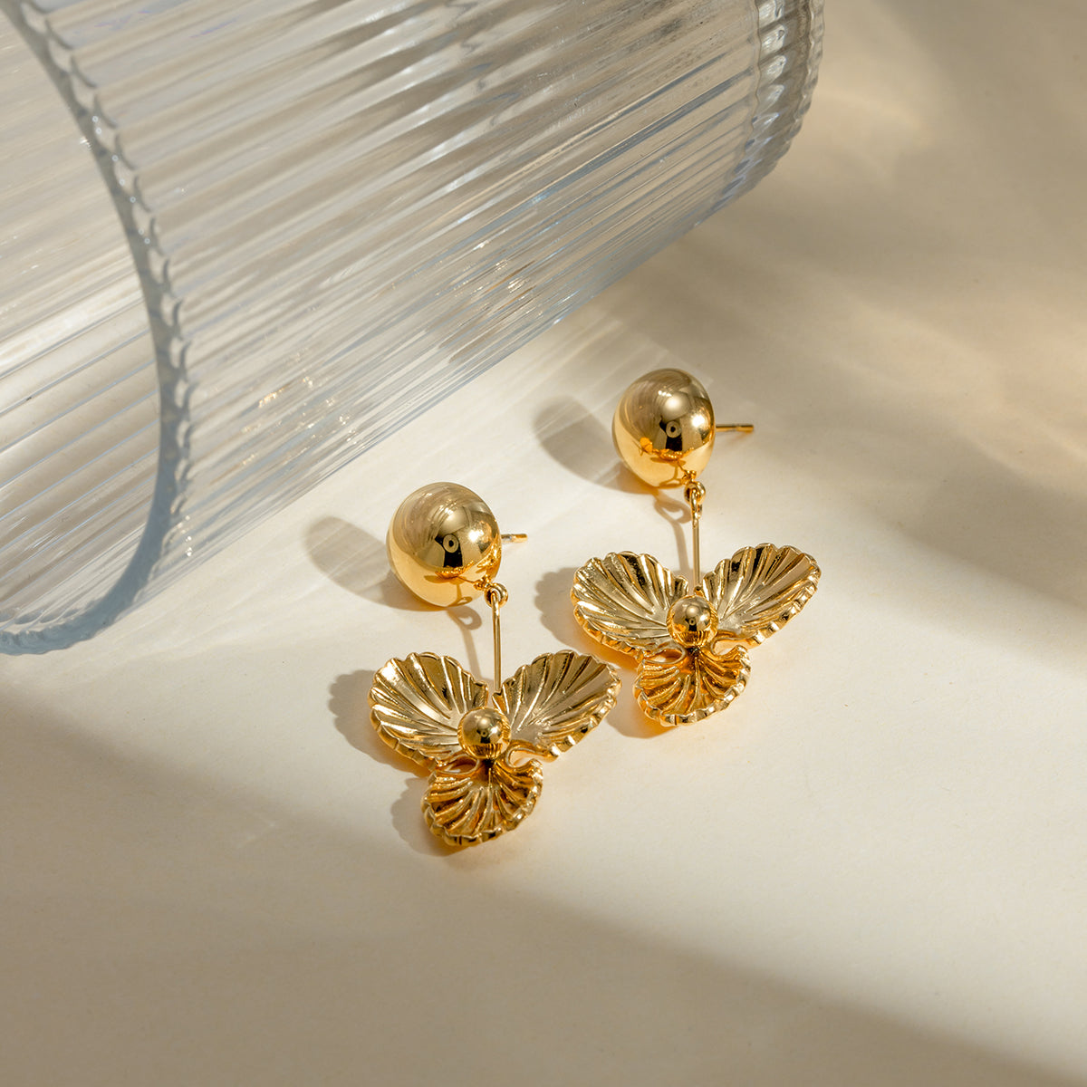 18K Gold Plated Stainless Steel Flower Dangle Earrings