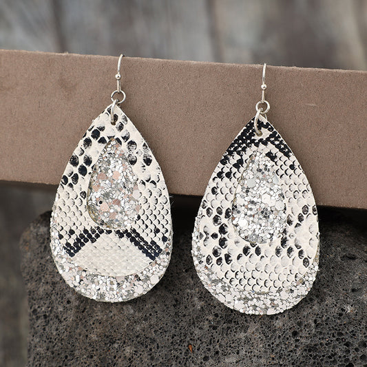 Snake Print Leather & Sequin Drop Earrings