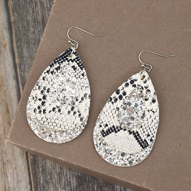 Snake Print Leather & Sequin Drop Earrings