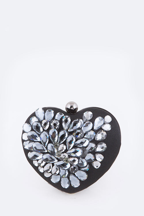 Crystal Blossom Satin Heart Shape Clutch