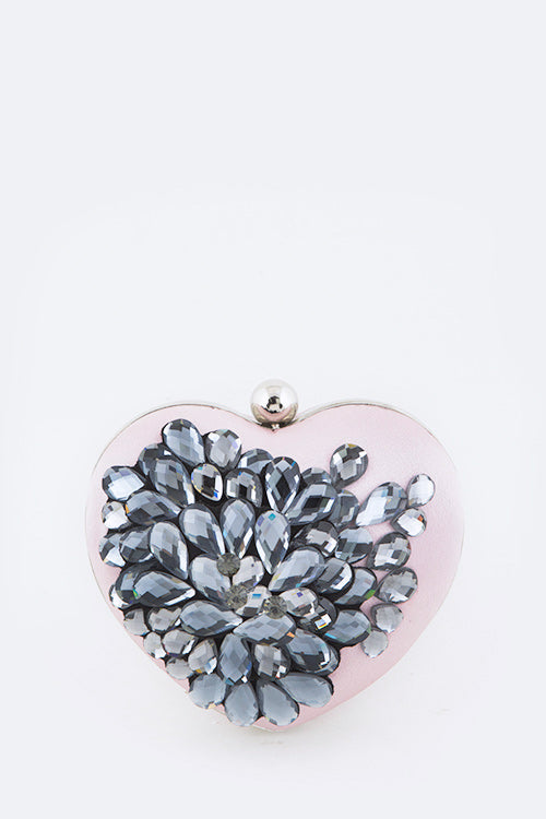 Crystal Blossom Satin Heart Shape Clutch
