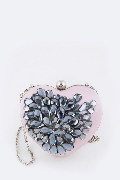 Crystal Blossom Satin Heart Shape Clutch