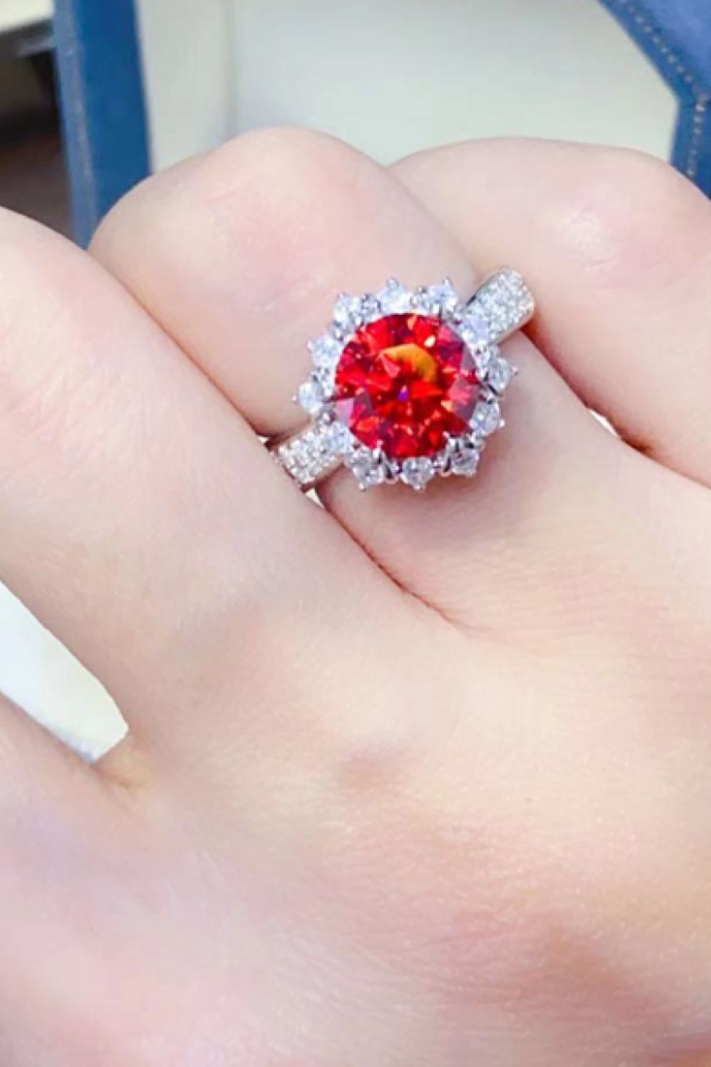 Radiant Red Halo Cocktail Ring 2K Moissanite 925 Sterling Silver
