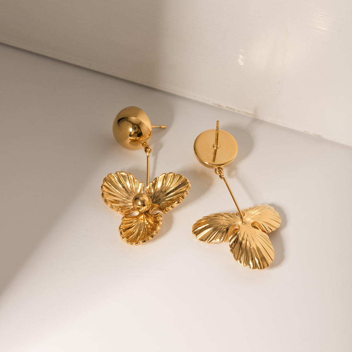 18K Gold Plated Stainless Steel Flower Dangle Earrings