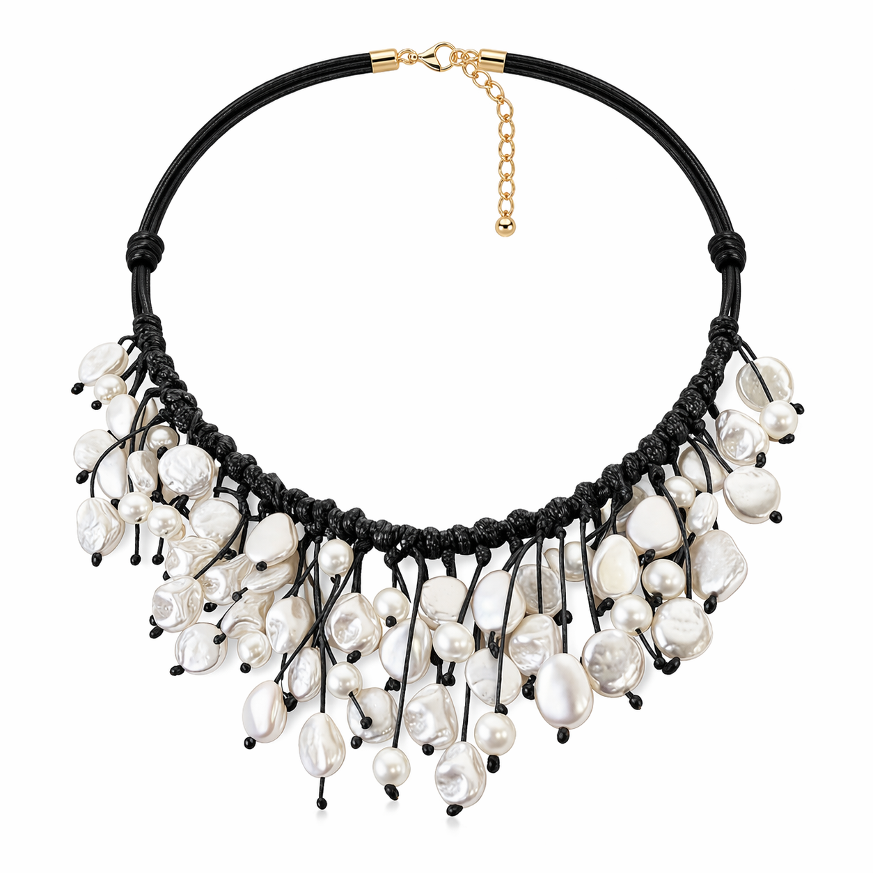 Handmade Coastal Pearl Bib Necklace with Leather Cord