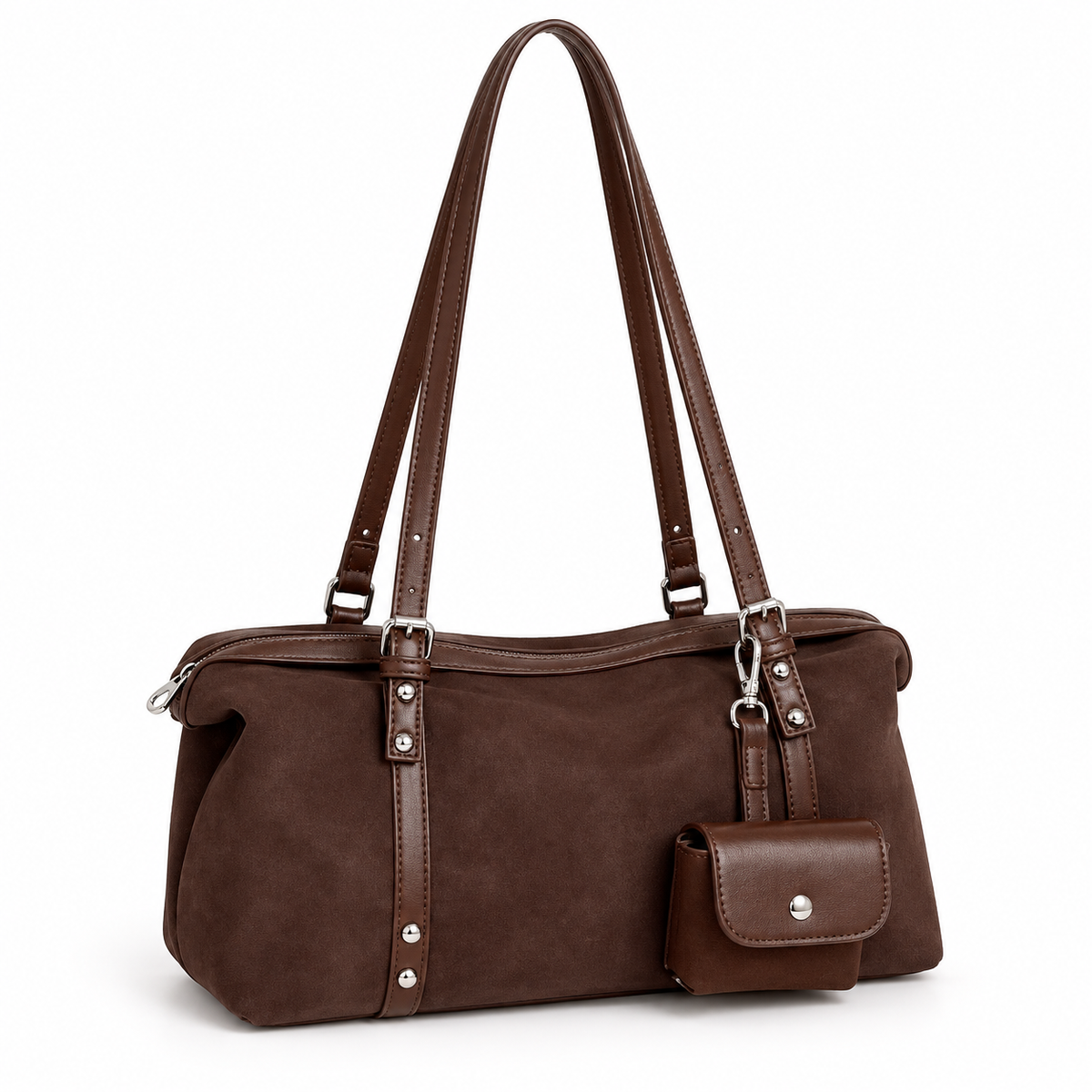 Faux Suede Shoulder Bag with Detachable Pouch | Medium Everyday Handbag