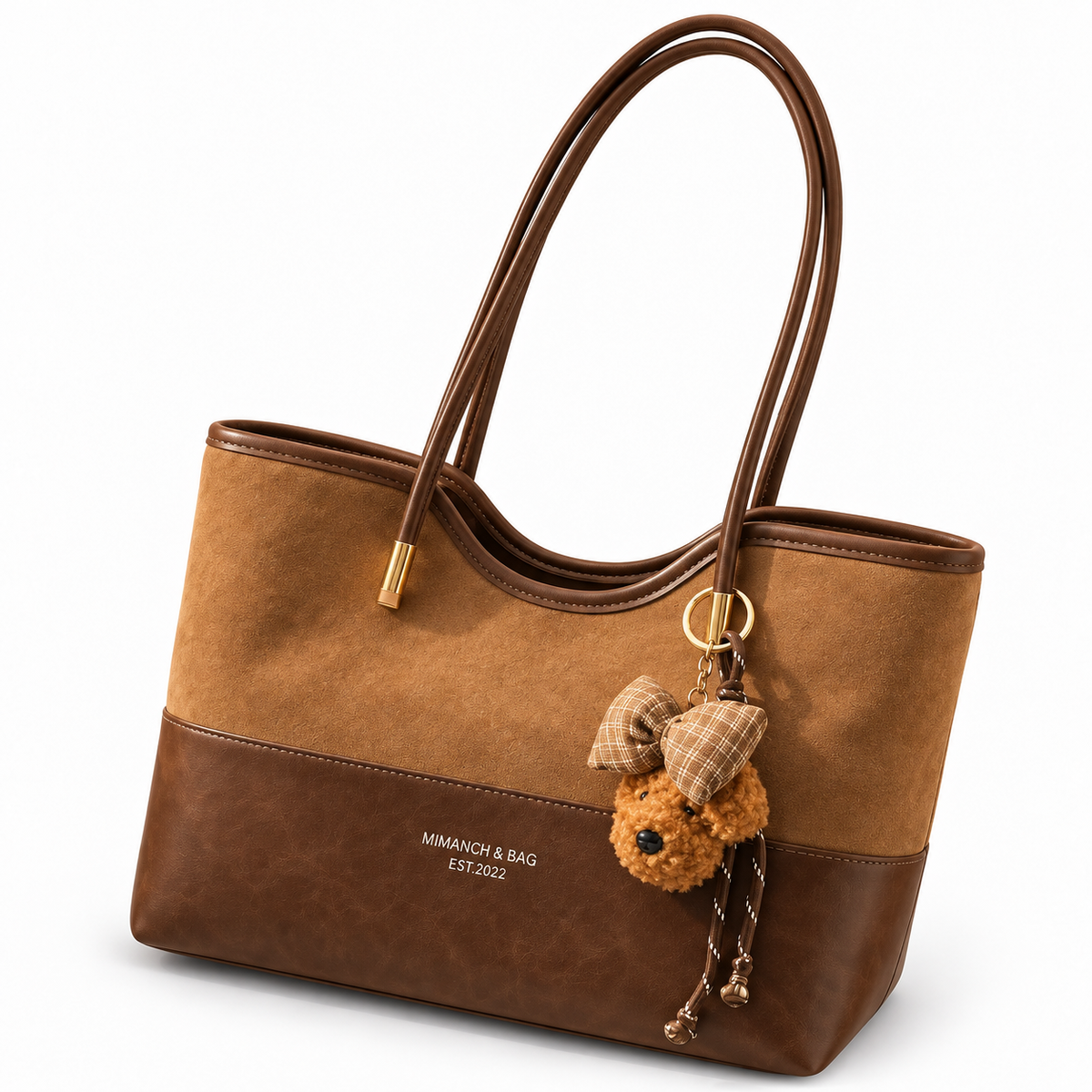 Faux Suede Tote Bag with Removable Purse Charm | Medium Zip Shoulder Bag