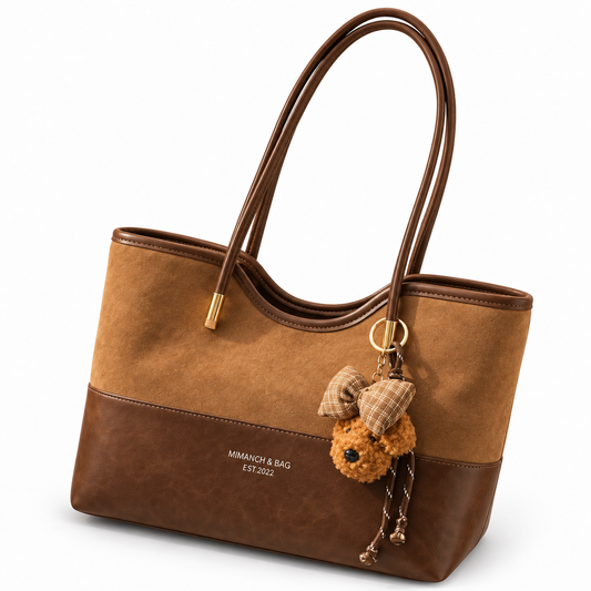 Faux Suede Tote Bag with Removable Purse Charm | Medium Zip Shoulder Bag