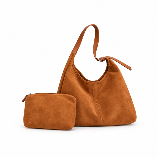 Suede Shoulder Bag with Adjustable Strap & Matching Pouch