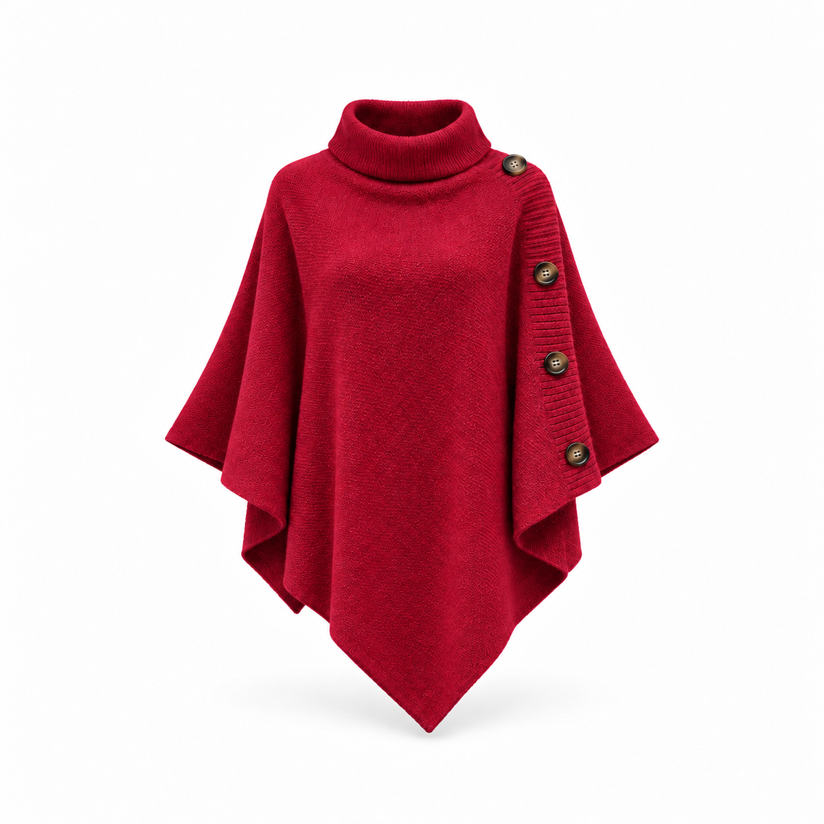 Buttoned Turtleneck Poncho Pullover – Oversized Knit Cape Sweater