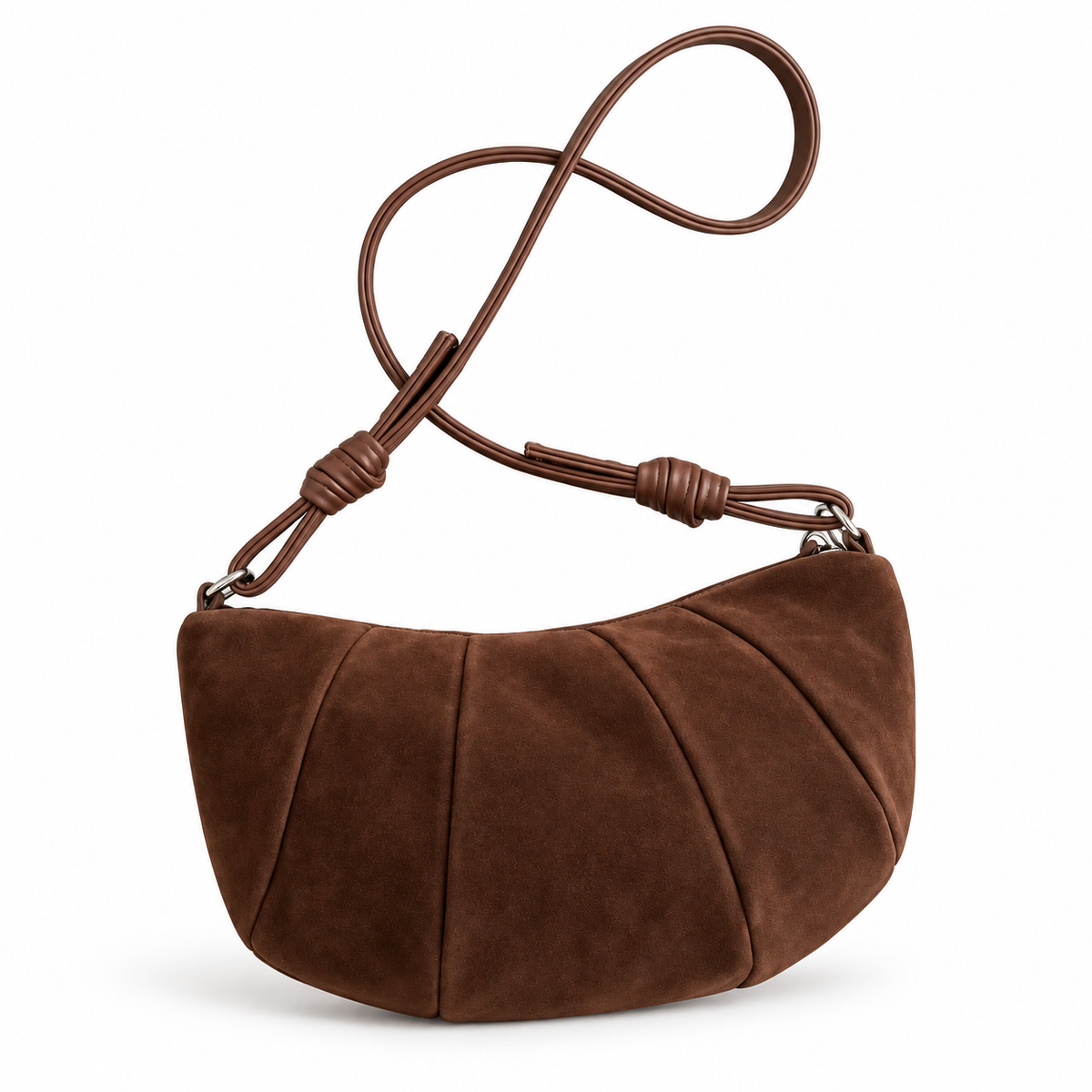 Suede Crescent Shoulder Bag – Small Brown Hobo Purse with Knotted Strap