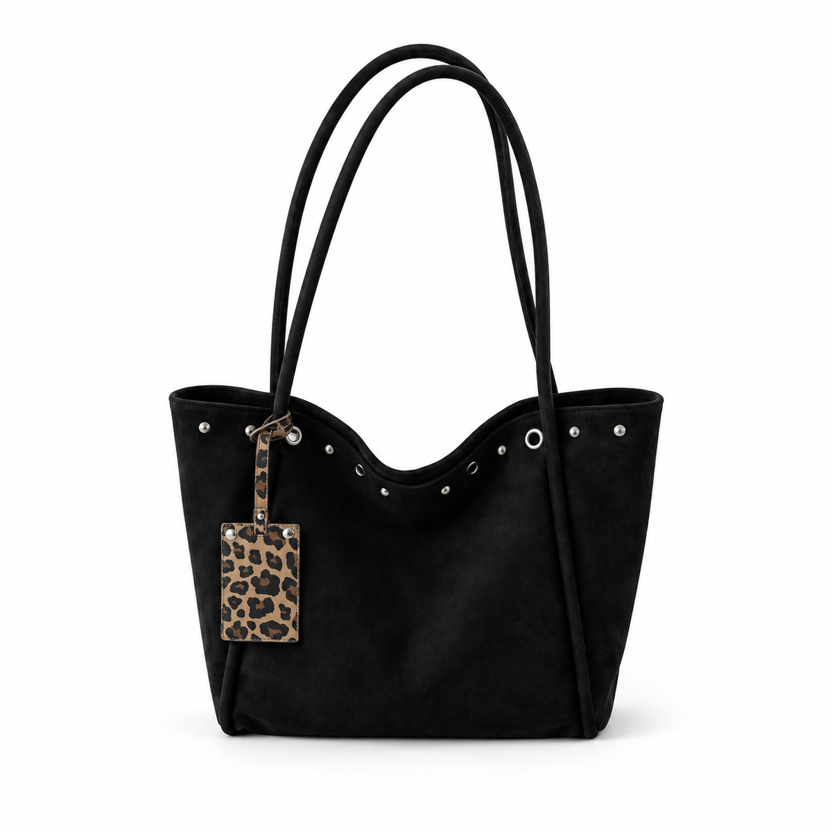 Black Suede Tote Bag with Leopard Tag –  Everyday Large Shoulder Bag