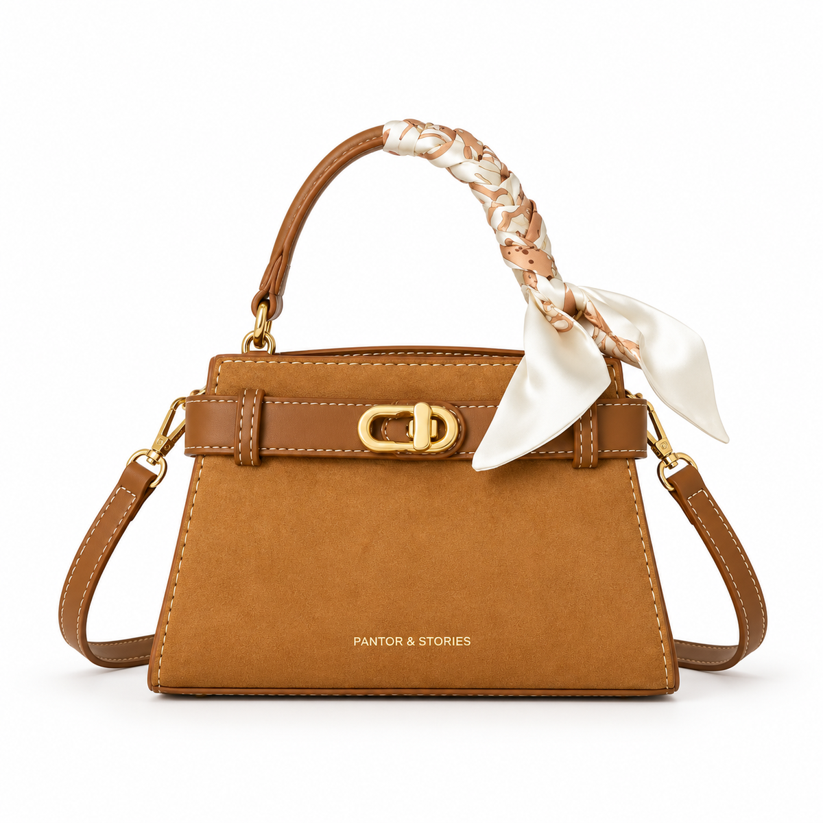 Mini Suede Satchel Bag – Camel Crossbody Handbag with Scarf-Wrapped Handle