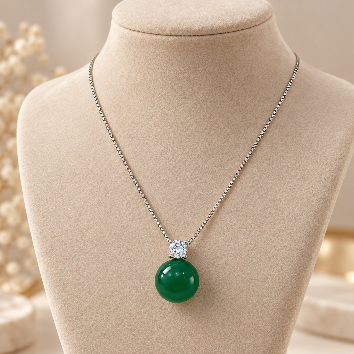 Jade Pendant Necklace | 925 Sterling Silver Zircon Green Jade Necklace