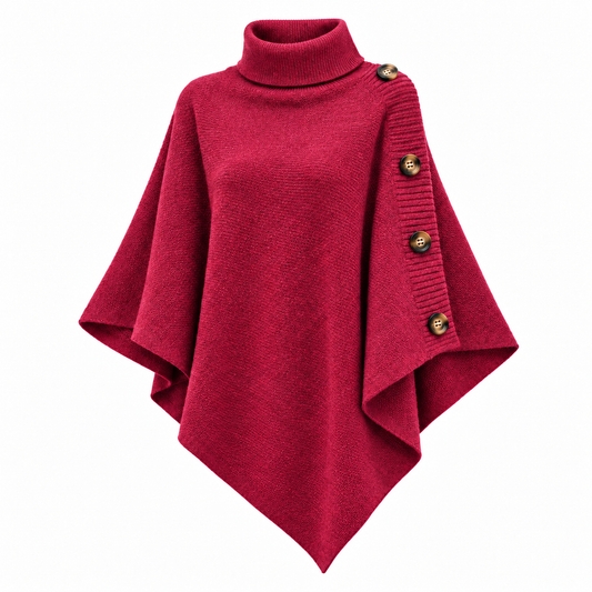 Buttoned Turtleneck Poncho Pullover – Oversized Knit Cape Sweater