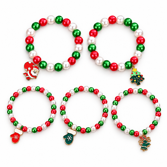 Festive Five Christmas Pearl Charm Bracelet Set