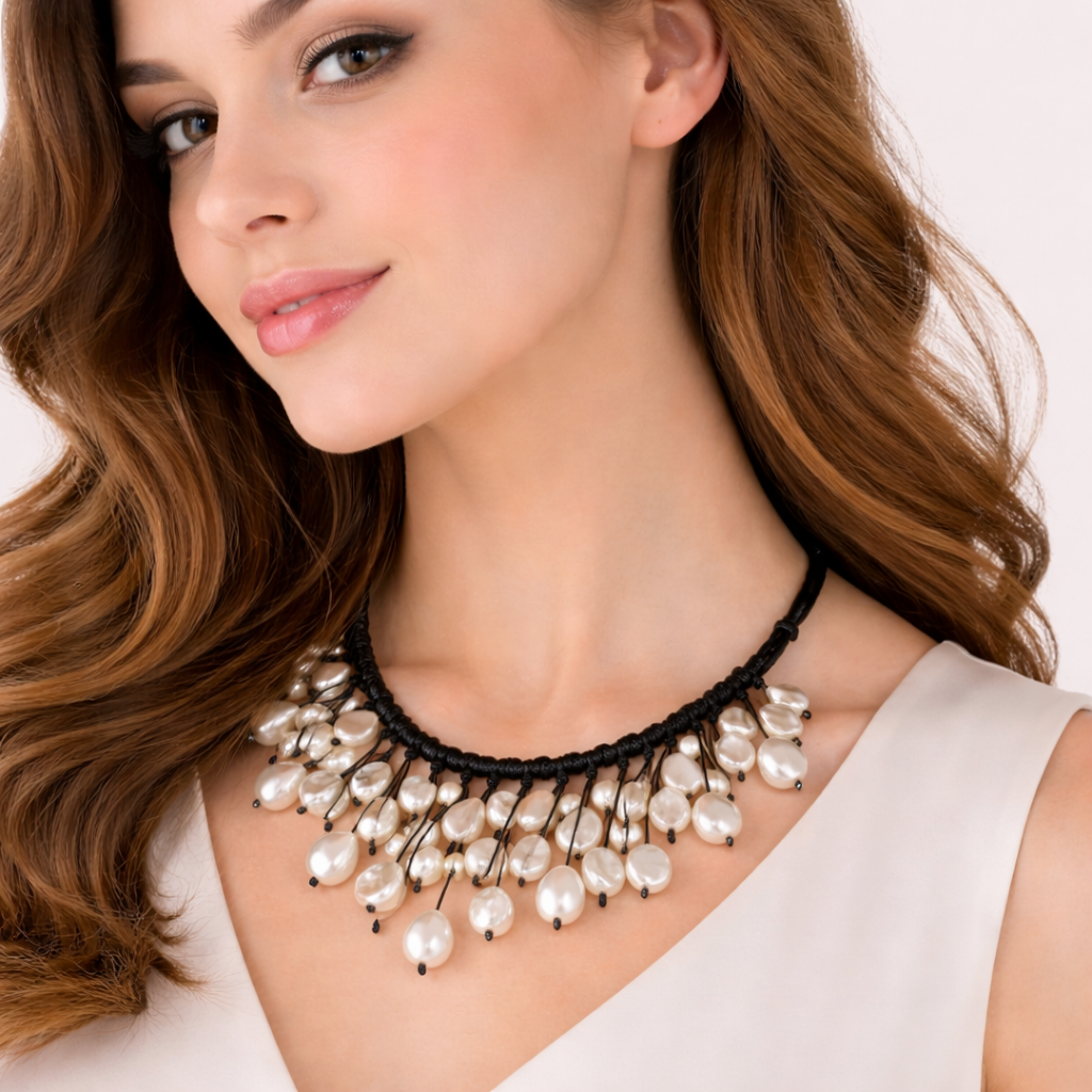 Handmade Coastal Pearl Bib Necklace with Leather Cord