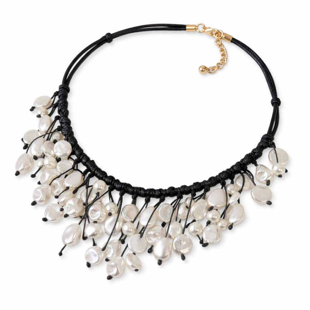 Handmade Coastal Pearl Bib Necklace with Leather Cord