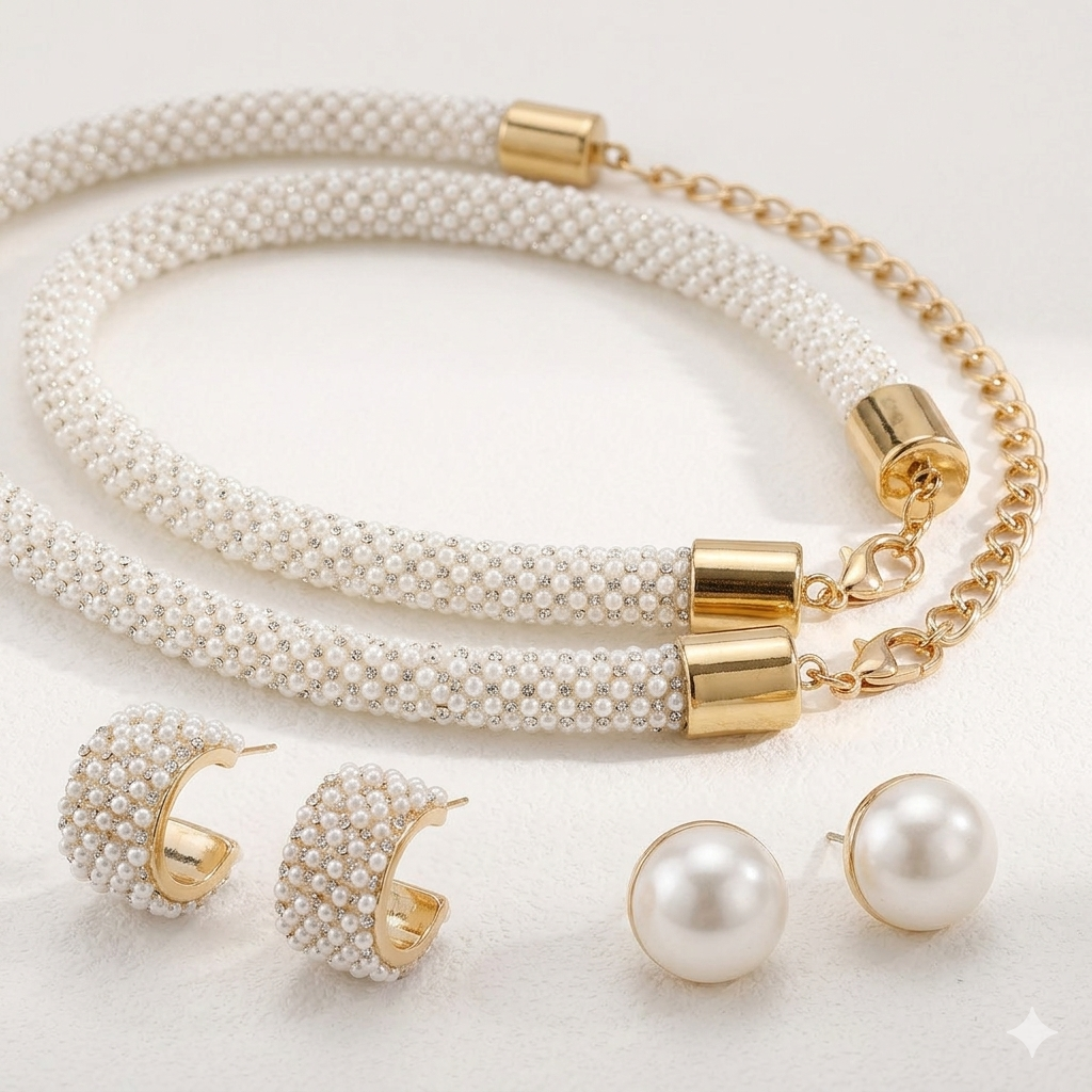 Pearl Earrings and Necklace Jewelry Set