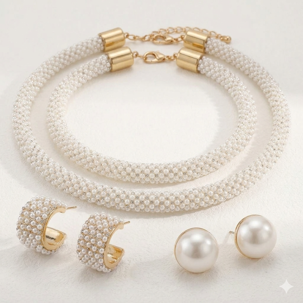 Pearl Earrings and Necklace Jewelry Set