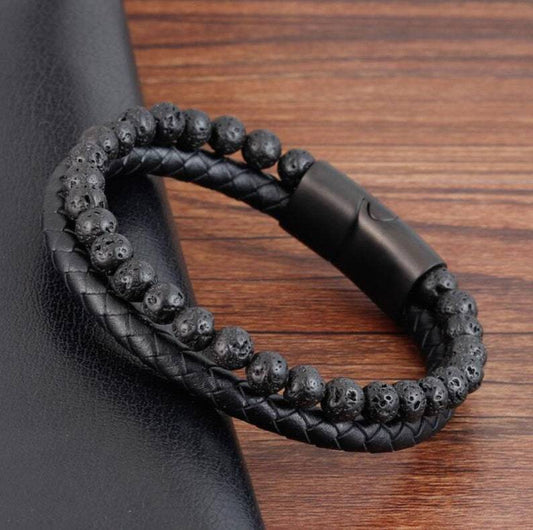 Leather & Lava Natural Stone Men's Bracelet