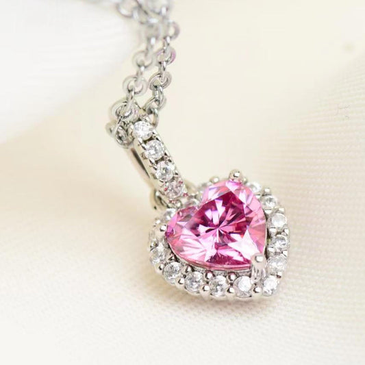 Pink Heart of Hearts Platinum Plated Moissanite Pendant Necklace