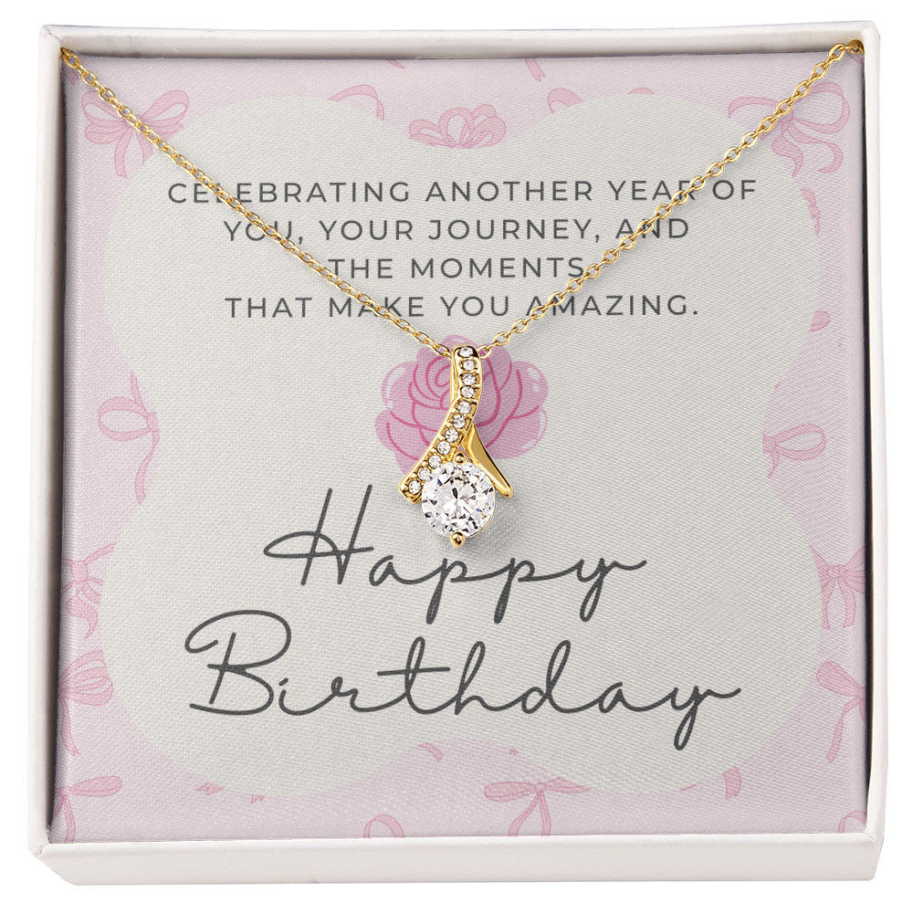 Pink Coquette Birthday Necklace Card | Feminine CZ Pendant Gift | Bow & Rose Birthday Jewelry | Made-to-Order
