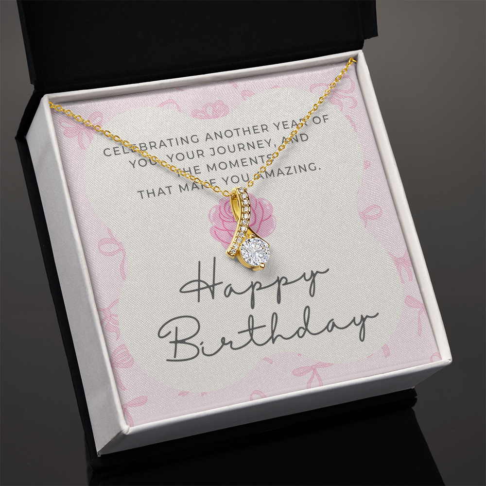 Pink Coquette Birthday Necklace Card | Feminine CZ Pendant Gift | Bow & Rose Birthday Jewelry | Made-to-Order
