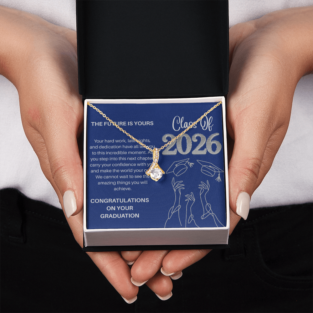 Class of 2026 Graduation Necklace for Her | Petite Ribbon Pendant & Inspirational Message Card | Charm & Dazzle