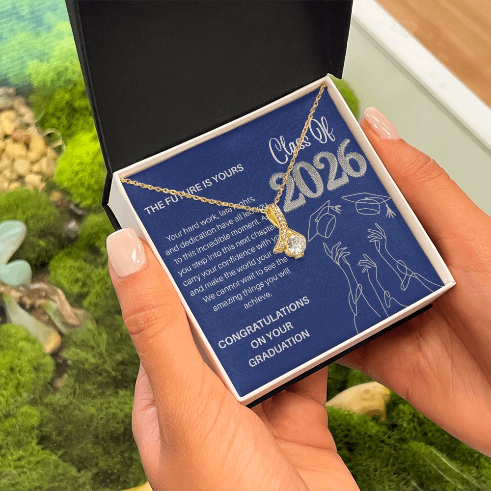 Class of 2026 Graduation Necklace for Her | Petite Ribbon Pendant & Inspirational Message Card | Charm & Dazzle