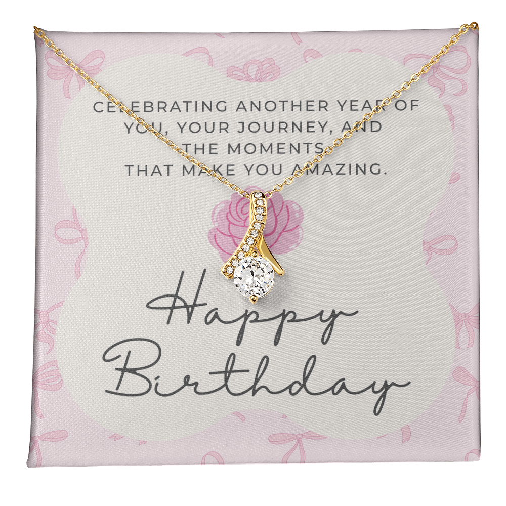 Pink Coquette Birthday Necklace Card | Feminine CZ Pendant Gift | Bow & Rose Birthday Jewelry | Made-to-Order