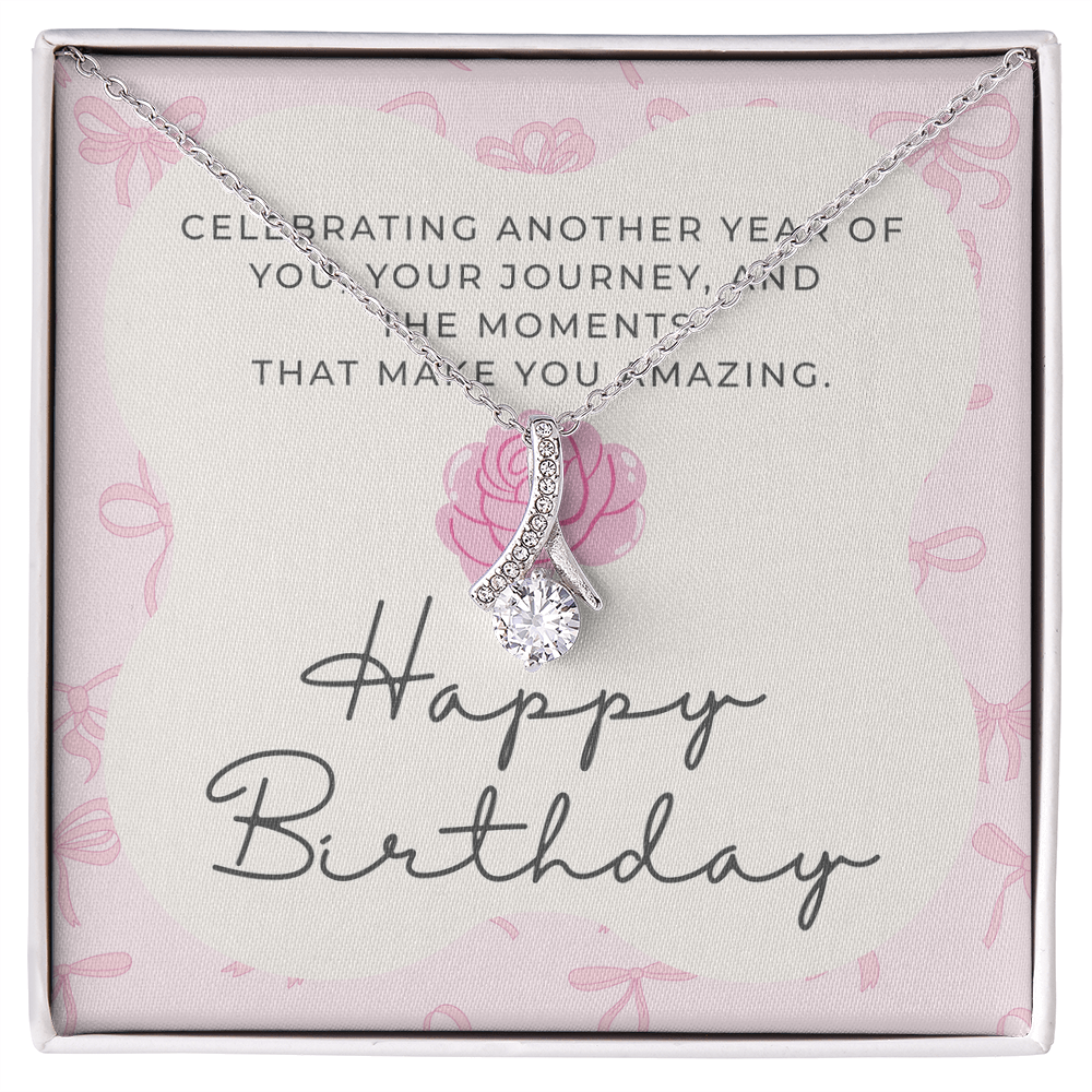 Pink Coquette Birthday Necklace Card | Feminine CZ Pendant Gift | Bow & Rose Birthday Jewelry | Made-to-Order