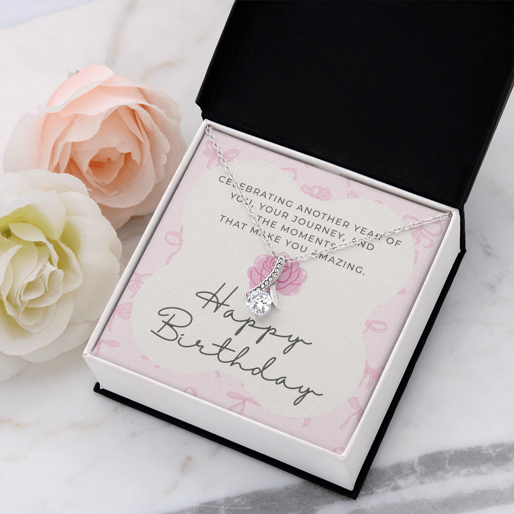 Pink Coquette Birthday Necklace Card | Feminine CZ Pendant Gift | Bow & Rose Birthday Jewelry | Made-to-Order
