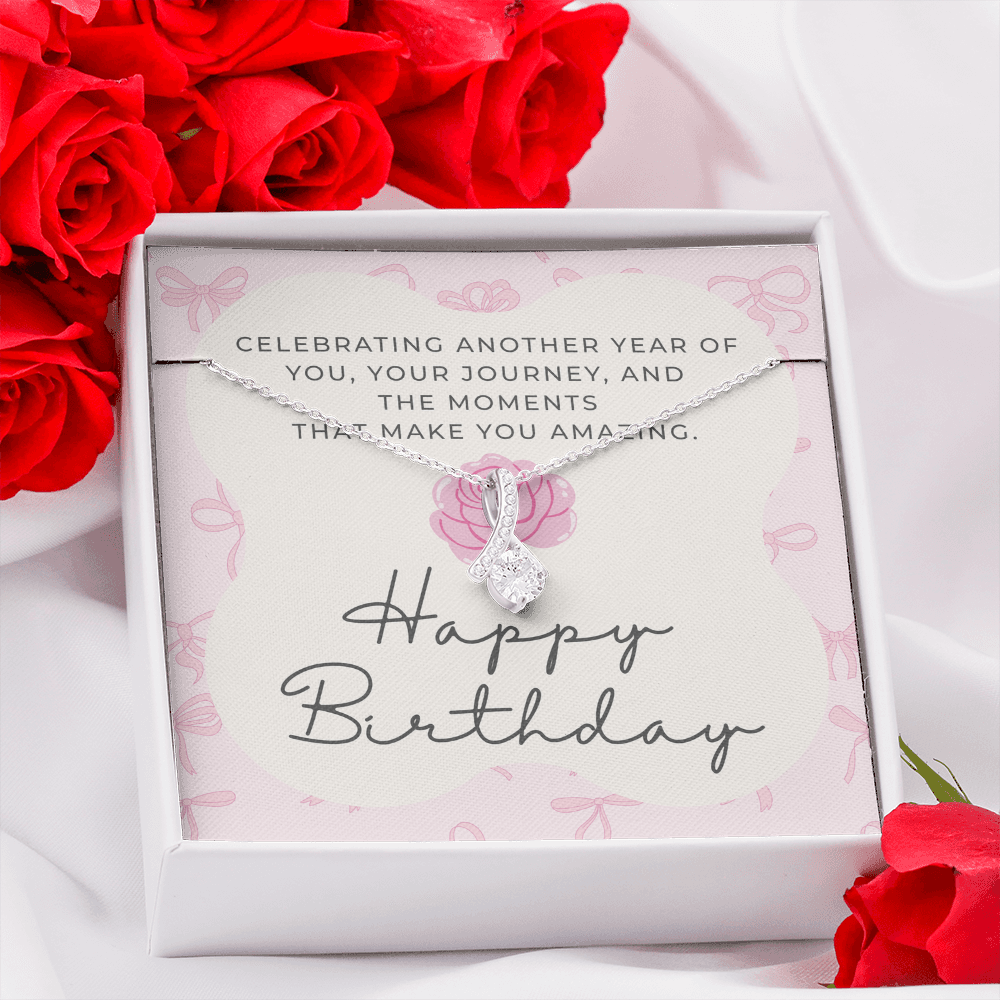 Pink Coquette Birthday Necklace Card | Feminine CZ Pendant Gift | Bow & Rose Birthday Jewelry | Made-to-Order