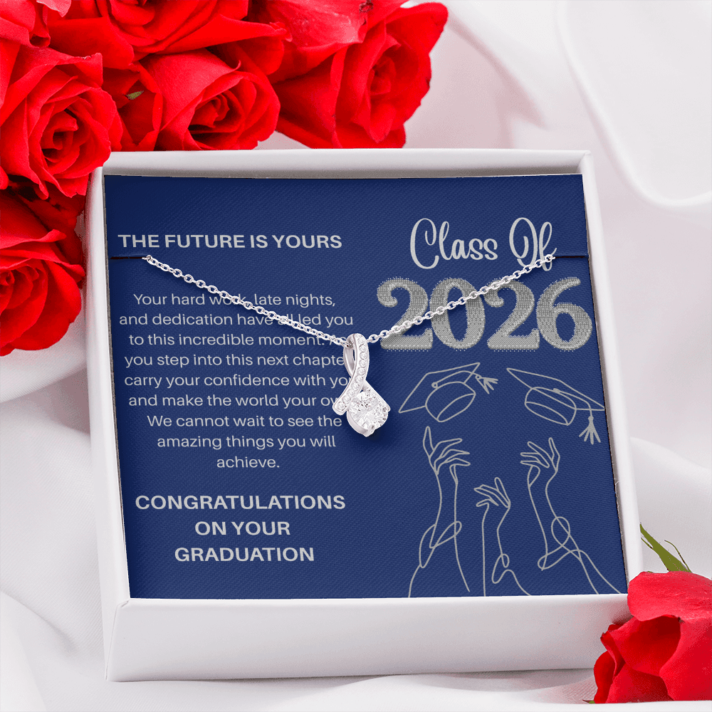 Class of 2026 Graduation Necklace for Her | Petite Ribbon Pendant & Inspirational Message Card | Charm & Dazzle