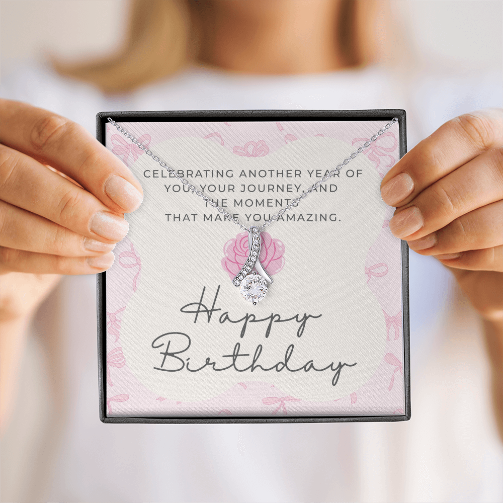Pink Coquette Birthday Necklace Card | Feminine CZ Pendant Gift | Bow & Rose Birthday Jewelry | Made-to-Order