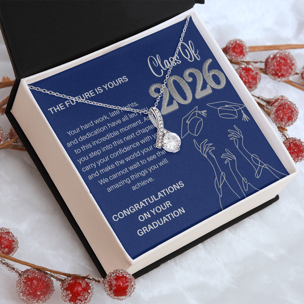 Class of 2026 Graduation Necklace for Her | Petite Ribbon Pendant & Inspirational Message Card | Charm & Dazzle