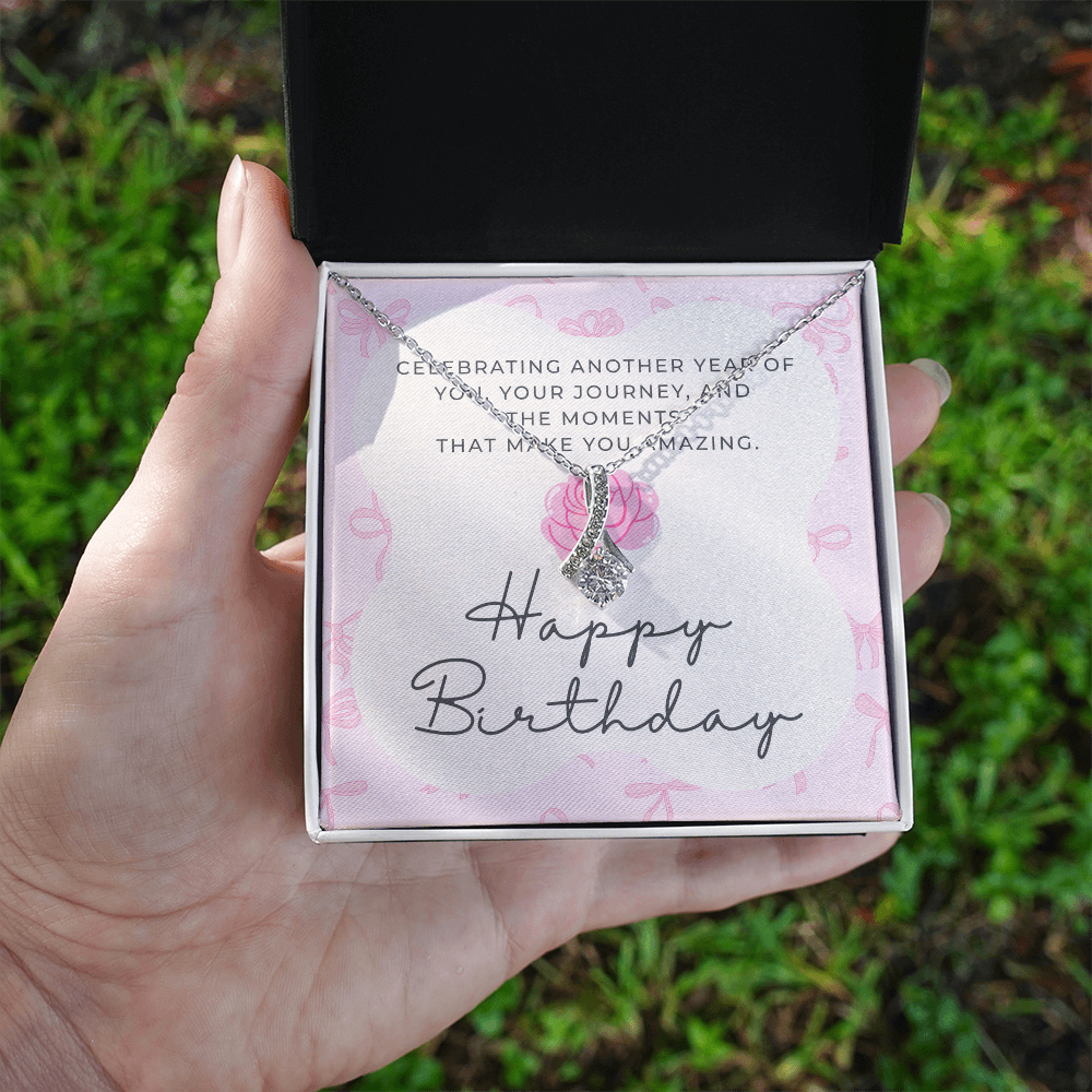 Pink Coquette Birthday Necklace Card | Feminine CZ Pendant Gift | Bow & Rose Birthday Jewelry | Made-to-Order