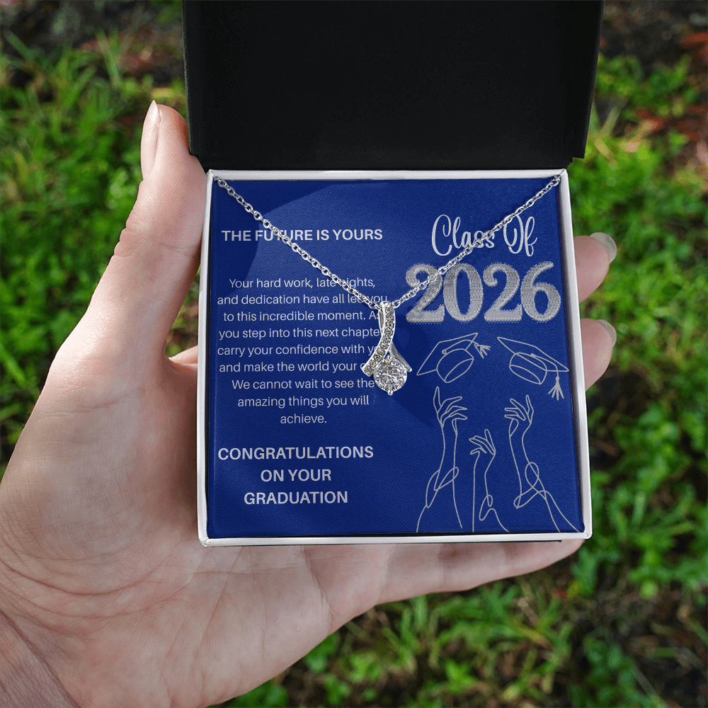 Class of 2026 Graduation Necklace for Her | Petite Ribbon Pendant & Inspirational Message Card | Charm & Dazzle