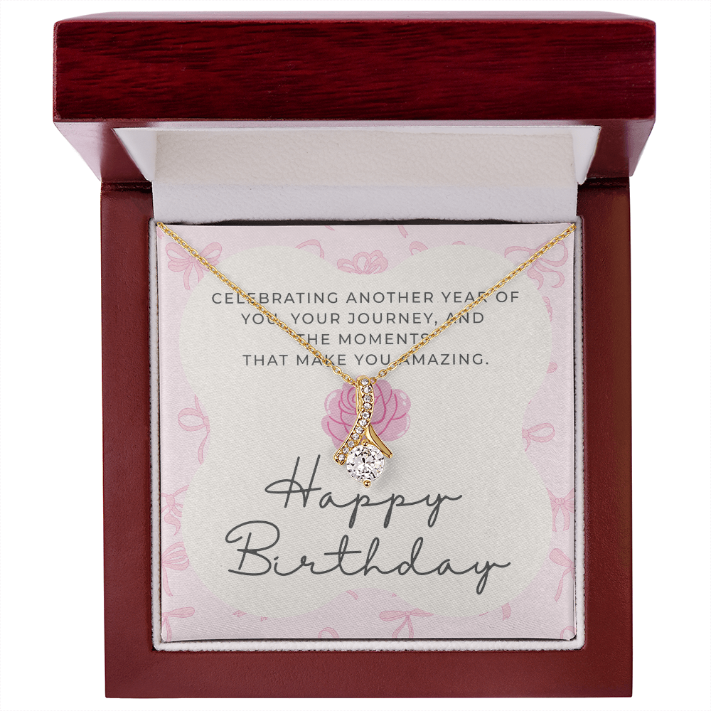 Pink Coquette Birthday Necklace Card | Feminine CZ Pendant Gift | Bow & Rose Birthday Jewelry | Made-to-Order