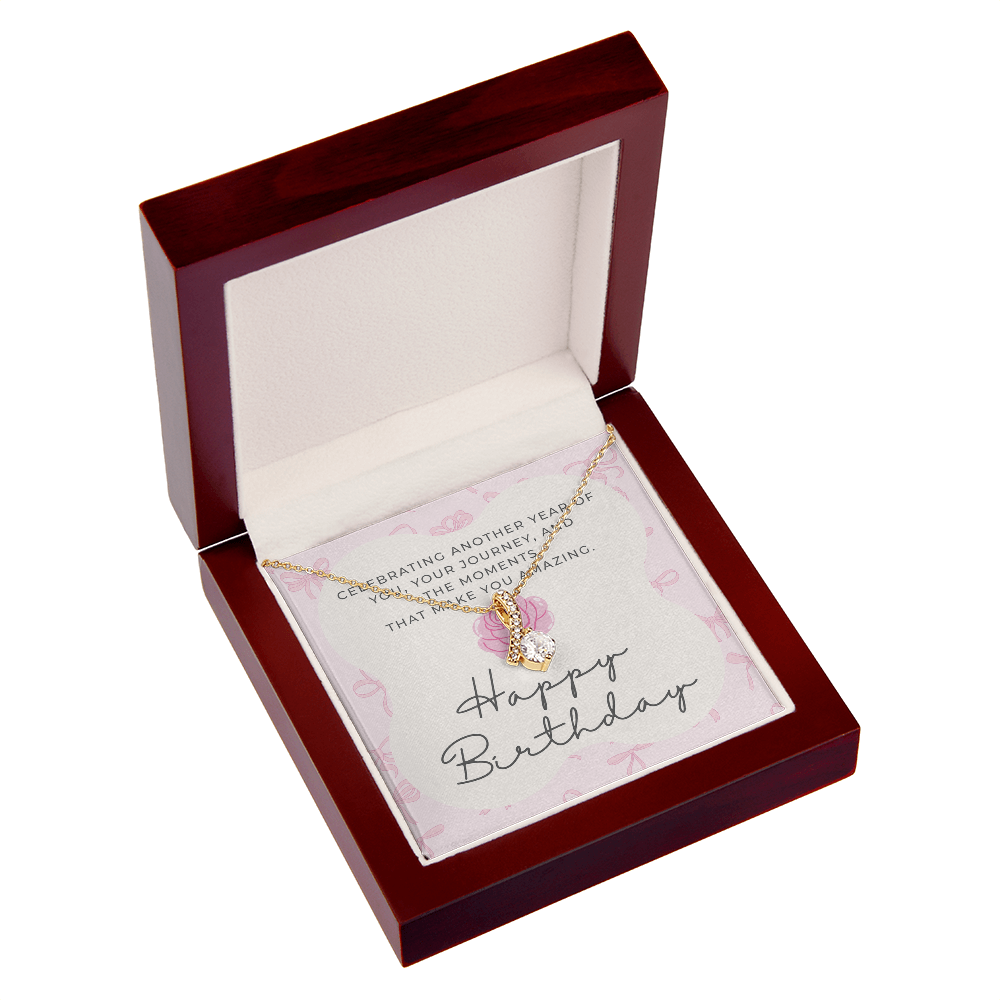 Pink Coquette Birthday Necklace Card | Feminine CZ Pendant Gift | Bow & Rose Birthday Jewelry | Made-to-Order