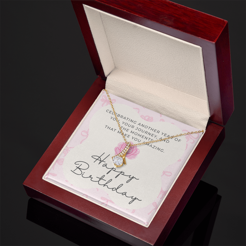 Pink Coquette Birthday Necklace Card | Feminine CZ Pendant Gift | Bow & Rose Birthday Jewelry | Made-to-Order