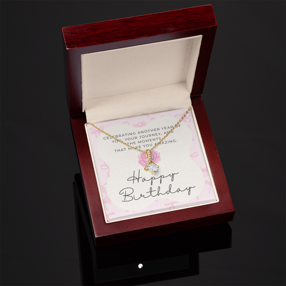 Pink Coquette Birthday Necklace Card | Feminine CZ Pendant Gift | Bow & Rose Birthday Jewelry | Made-to-Order
