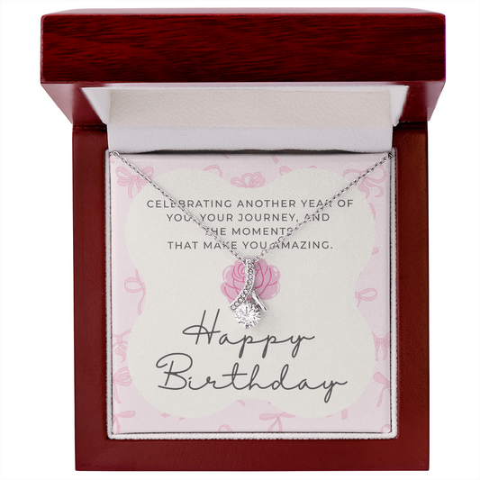 Pink Coquette Birthday Necklace Card | Feminine CZ Pendant Gift | Bow & Rose Birthday Jewelry | Made-to-Order