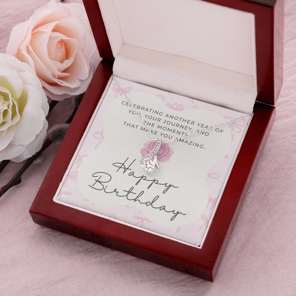 Pink Coquette Birthday Necklace Card | Feminine CZ Pendant Gift | Bow & Rose Birthday Jewelry | Made-to-Order